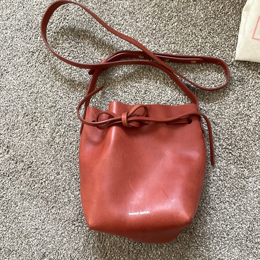 mansur gavriel mini bucket bag, brown/red, new with tag, genuine leather